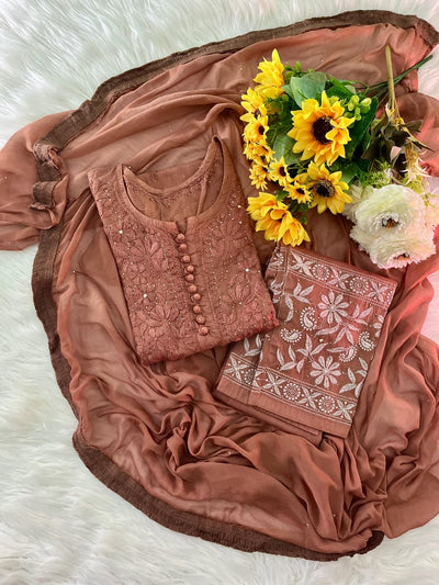 Brown Lucknowi Chikankari Dobby Cotton Kurti Set with Mukaish Work