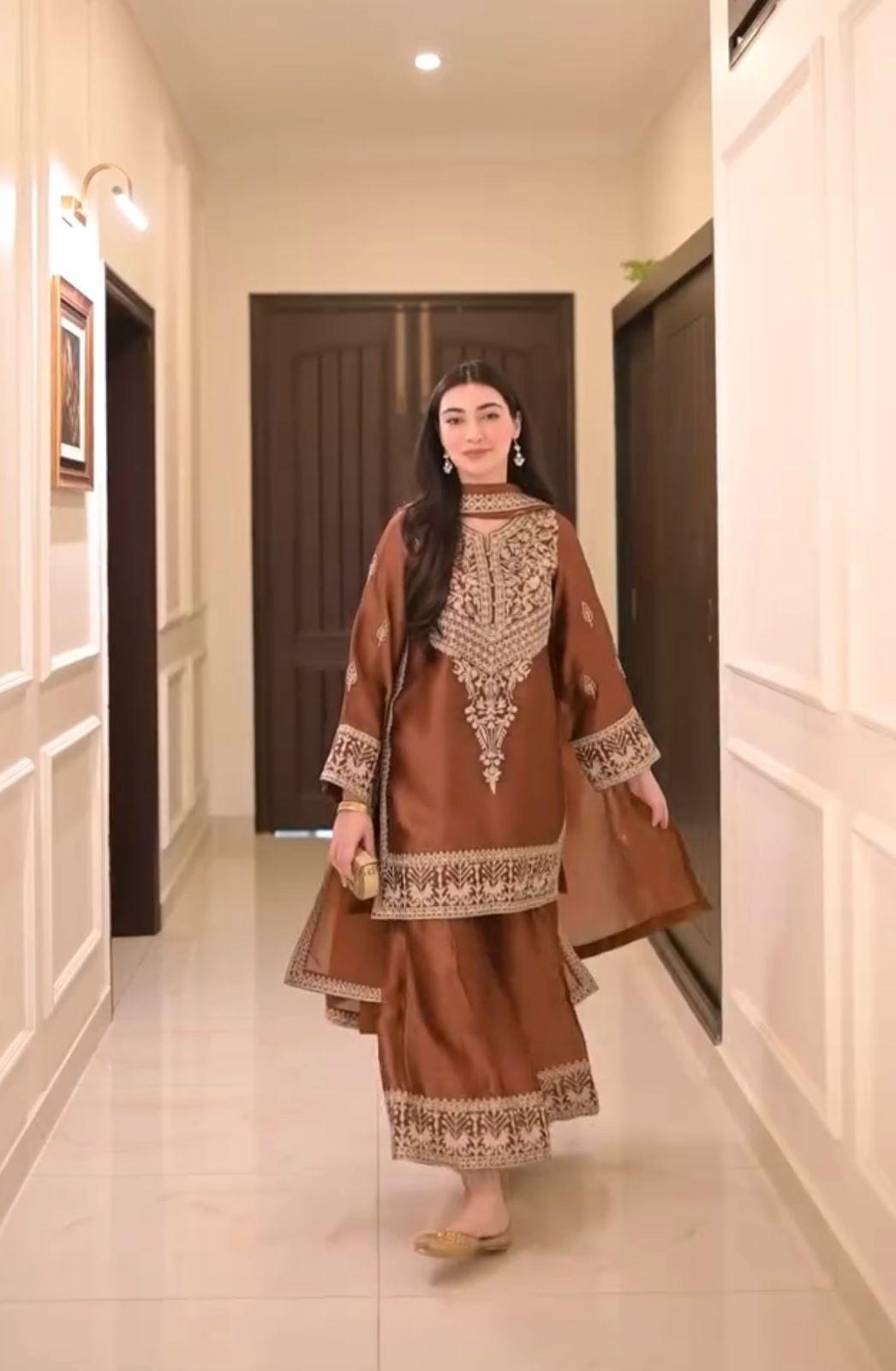 Brown Designer Pure Chinon Silk Embroidered Top & Palazzo Set with Dupatta