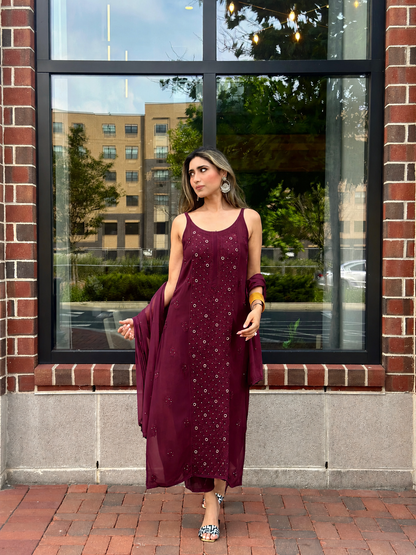 Rich Burgundy Luxe Viscose Ring Work Jaal Lucknow Chikankari Kurti Set (NEW)