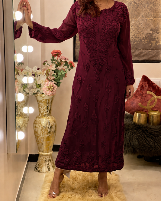 Deep Burgundy Breezy Bliss Dyed Viscose handcrafted Chikankari Long Kurti (New)