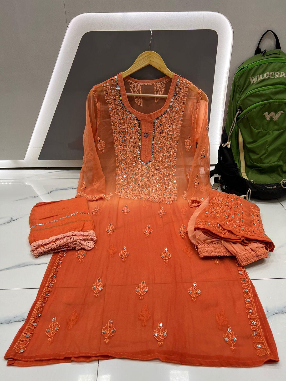 Burnt Orange Dye Ombre Georgette Kurti Set With Sharara and Chiffon Dupatta(Inner Included) - Inayakhan Shop 