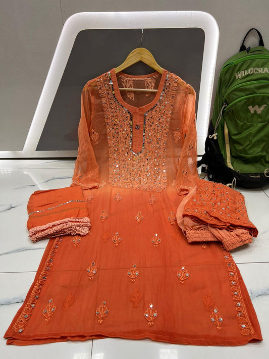 Burnt Orange Dye Ombre Georgette Kurti Set With Sharara and Chiffon Dupatta(Inner Included) - Inayakhan Shop 