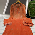 Burnt Orange Dye Ombre Georgette Kurti Set With Sharara and Chiffon Dupatta(Inner Included)