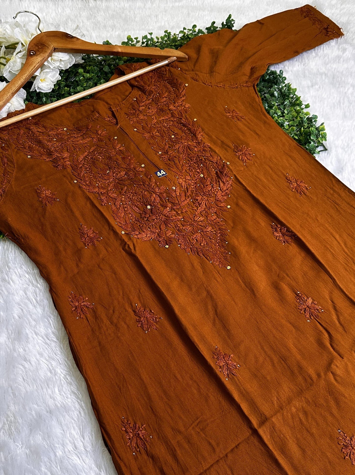 Burnt Orange Elegant Rayon Muqaish Ensemble - Inayakhan Shop 