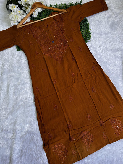 Burnt Orange Elegant Rayon Muqaish Ensemble - Inayakhan Shop 