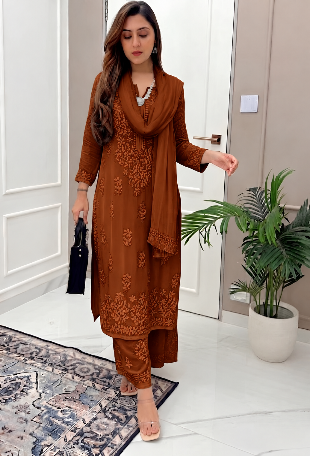 Burnt Sienna Ethereal  Chikankari Kurta Set (New)