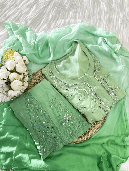 Buy 1 Get 1 Combo Price Chikankari Elegance Ombré Mirror Booti Jaal Set (Aqua Blue / Green) - Inayakhan Shop 