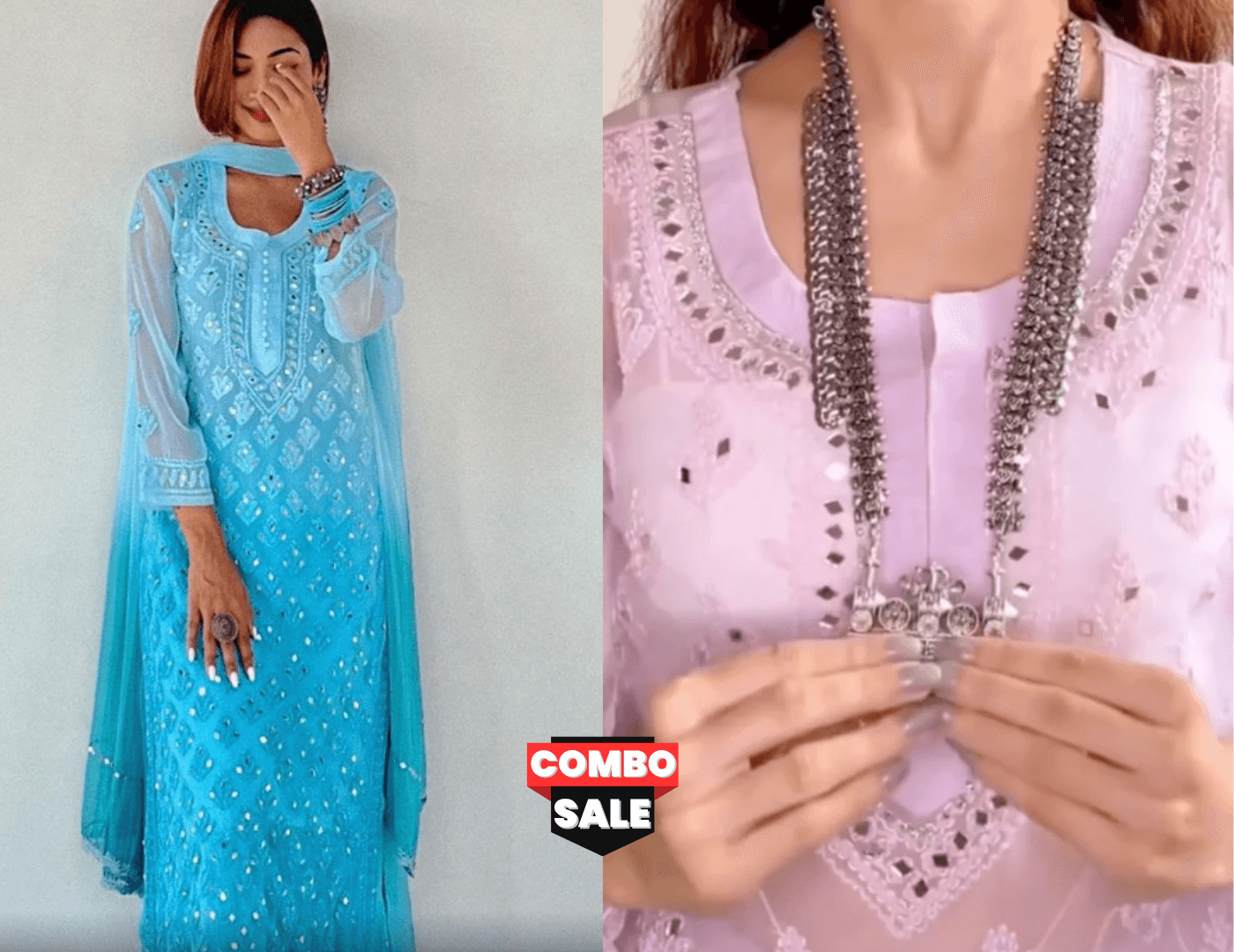 Buy 1 Get 1 Combo Price Chikankari Elegance Ombré Mirror Booti Jaal Set (Aqua Blue / Mauve) - Inayakhan Shop 