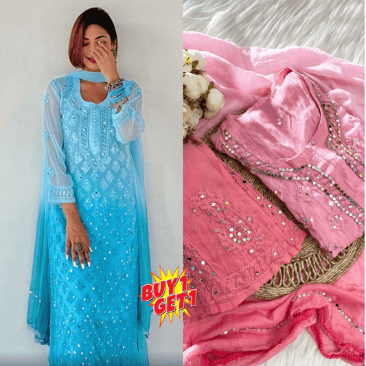 Buy 1 Get 1 Combo Price Chikankari Elegance Ombré Mirror Booti Jaal Set (Aqua Blue / Pink) - Inayakhan Shop 