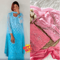Buy 1 Get 1 Combo Price Chikankari Elegance Ombré Mirror Booti Jaal Set (Aqua Blue / Pink)