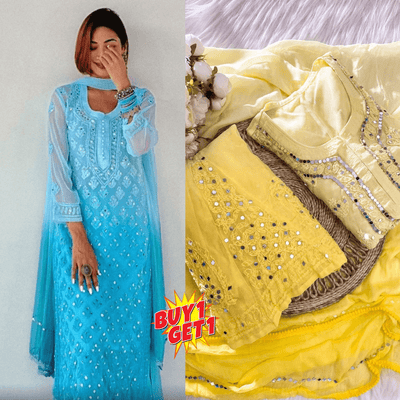 Buy 1 Get 1 Combo Price Chikankari Elegance Ombré Mirror Booti Jaal Set (Aqua Blue / Yellow)