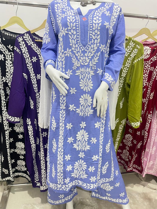 Blue Lucknow Chikankari Long Kurta with Heavy Chikankari Work & Pallazo Set