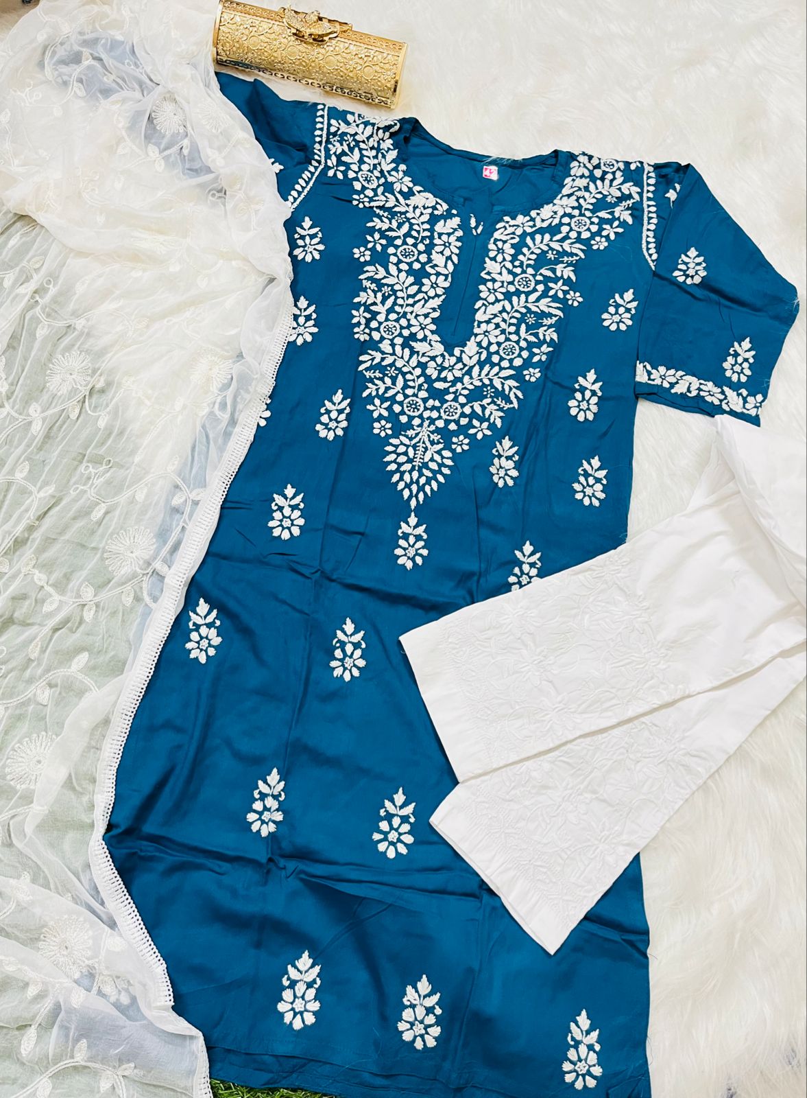 Blue 3-Piece Lucknowi Chikankari Kurti Set with Chiffon Dupatta