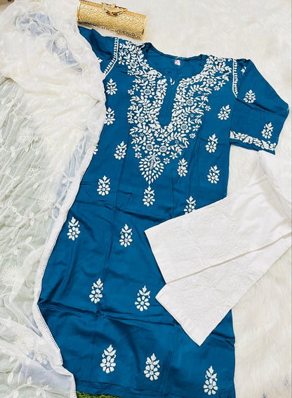 Blue 3-Piece Lucknowi Chikankari Kurti Set with Chiffon Dupatta