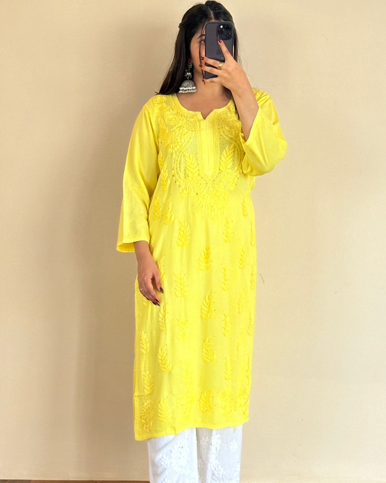 Yellow Mukaish Work Lucknow Chikankari Kurta Set with Palazzo & Dupatta