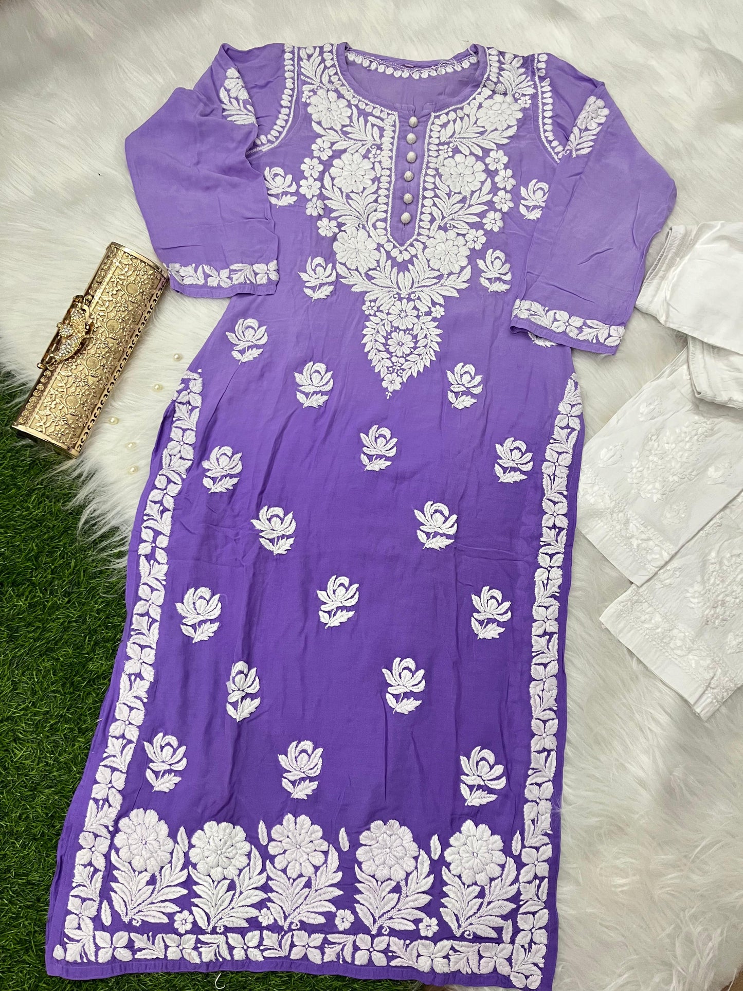 Purple Designer Muslin Kurti Quraishiya Button Lucknow Chikankari Pant Set