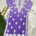 Purple Designer Muslin Kurti Quraishiya Button Lucknow Chikankari Pant Set