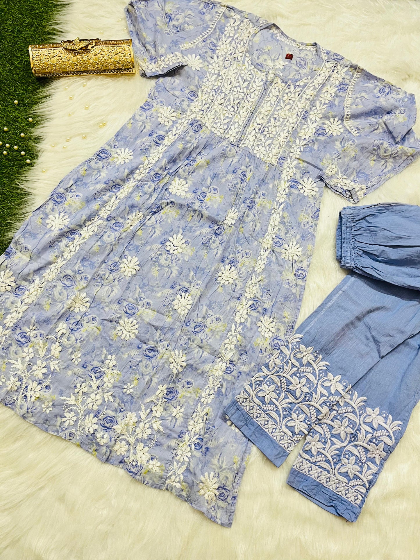 Blue Naira Cut Chikankari Kurta and Pant Set