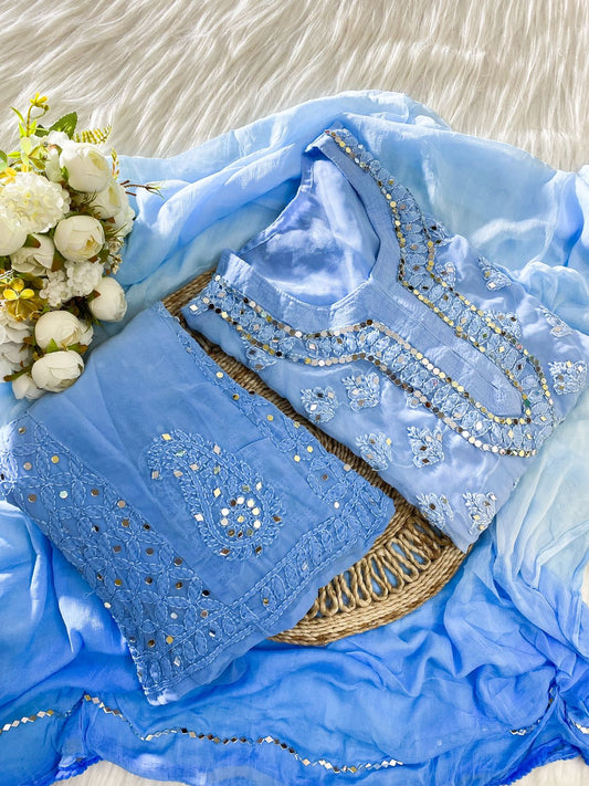 Blue Chikankari Elegance Ombré Mirror Booti Jaal Set - Kurti, Sharara & Dupatta - Inayakhan Shop 