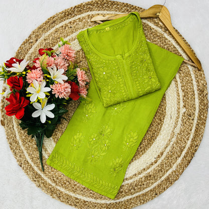 Green Lucknowi Chikankari Mukesh Work Cotton Kurti & Palazzo Matching Co-ord Set ❤️