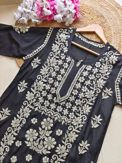 Black Pure Muslin 3D Work Lucknow Chikankari Kurta