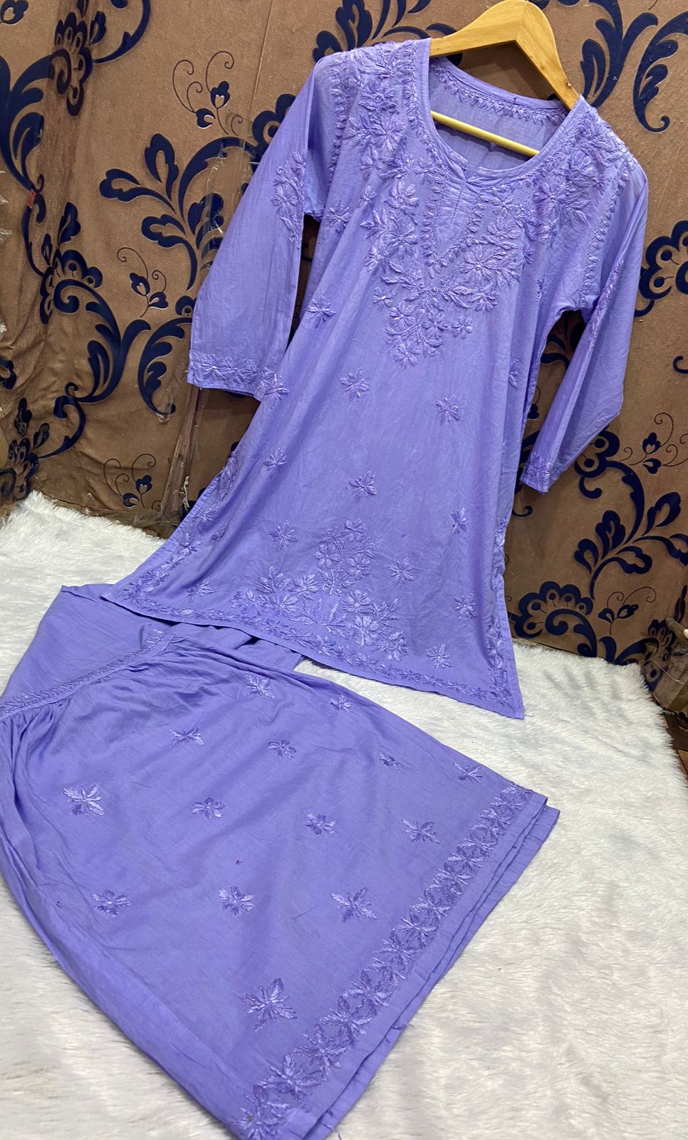 Lavendar Lucknow Chikan Handicraft Mul Cotton Kurti & Gharara Set