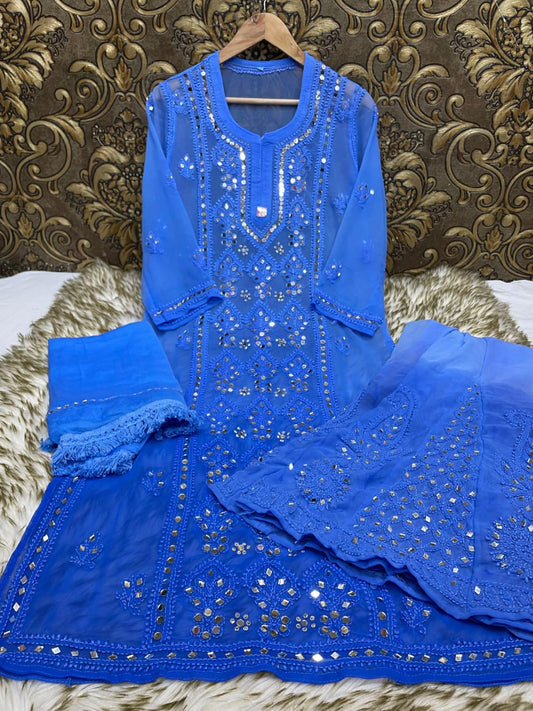 Blue Chikankari Elegance Ombré Mirror Booti Jaal Set - Kurti, Sharara & Dupatta -(Inner Included)