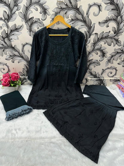 Black Beautiful Lucknow Chikankari Work Ombre Dye Short Kurti, Garara & Dupatta Sets