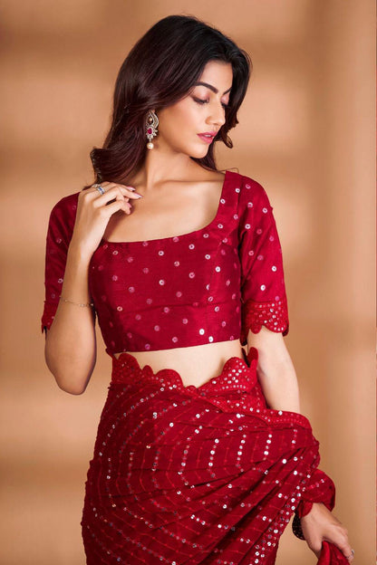 Red Exclusive Celebrity Style Designer Sequins Saree Blouse Set