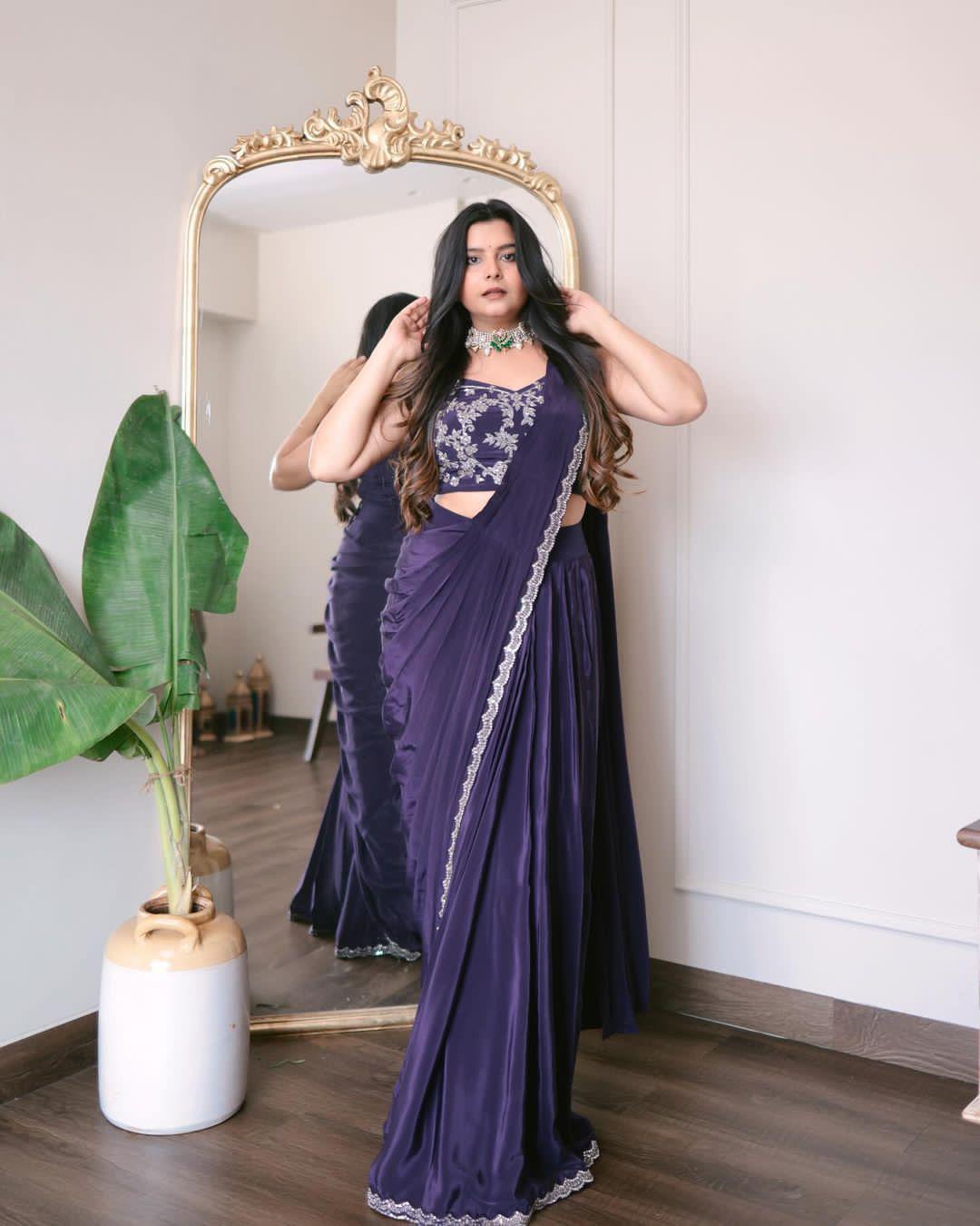 Purple Premium French Crepe Silk Pre-Draped Saree with Dori and Sequins Work