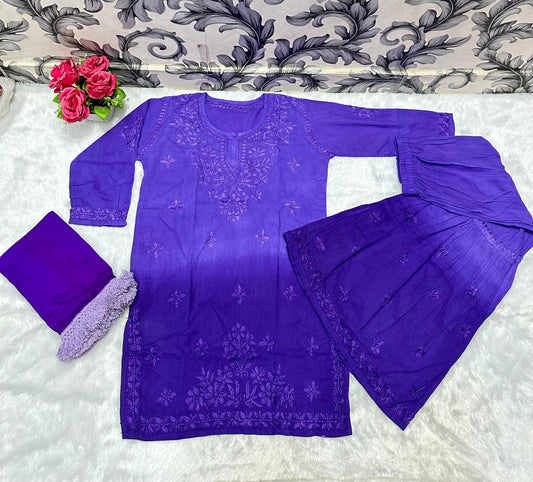 Purple Beautiful Lucknow Chikankari Work Ombre Dye Short Kurti, Gharara & Dupatta Sets