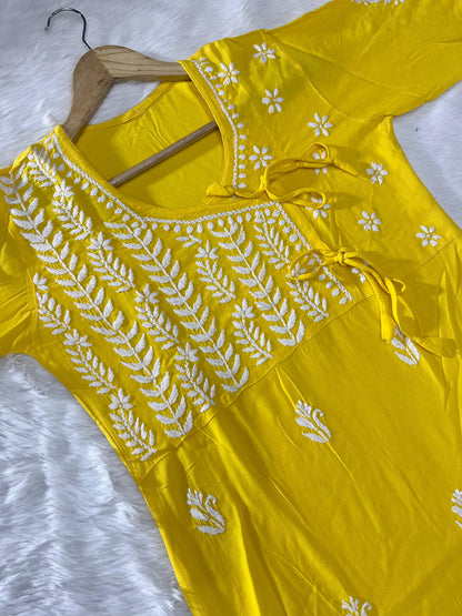 Yellow Chic Minimal Rayon Angarkha with Lycra Pants