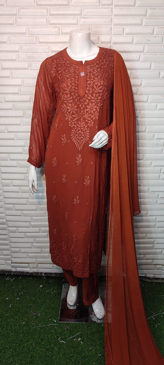 Brick Red Festive Collection: Lucknow Chikankari Pure Viscose 3D Kurti & 3-Piece Set