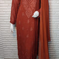 Brick Red Festive Collection: Lucknow Chikankari Pure Viscose 3D Kurti & 3-Piece Set