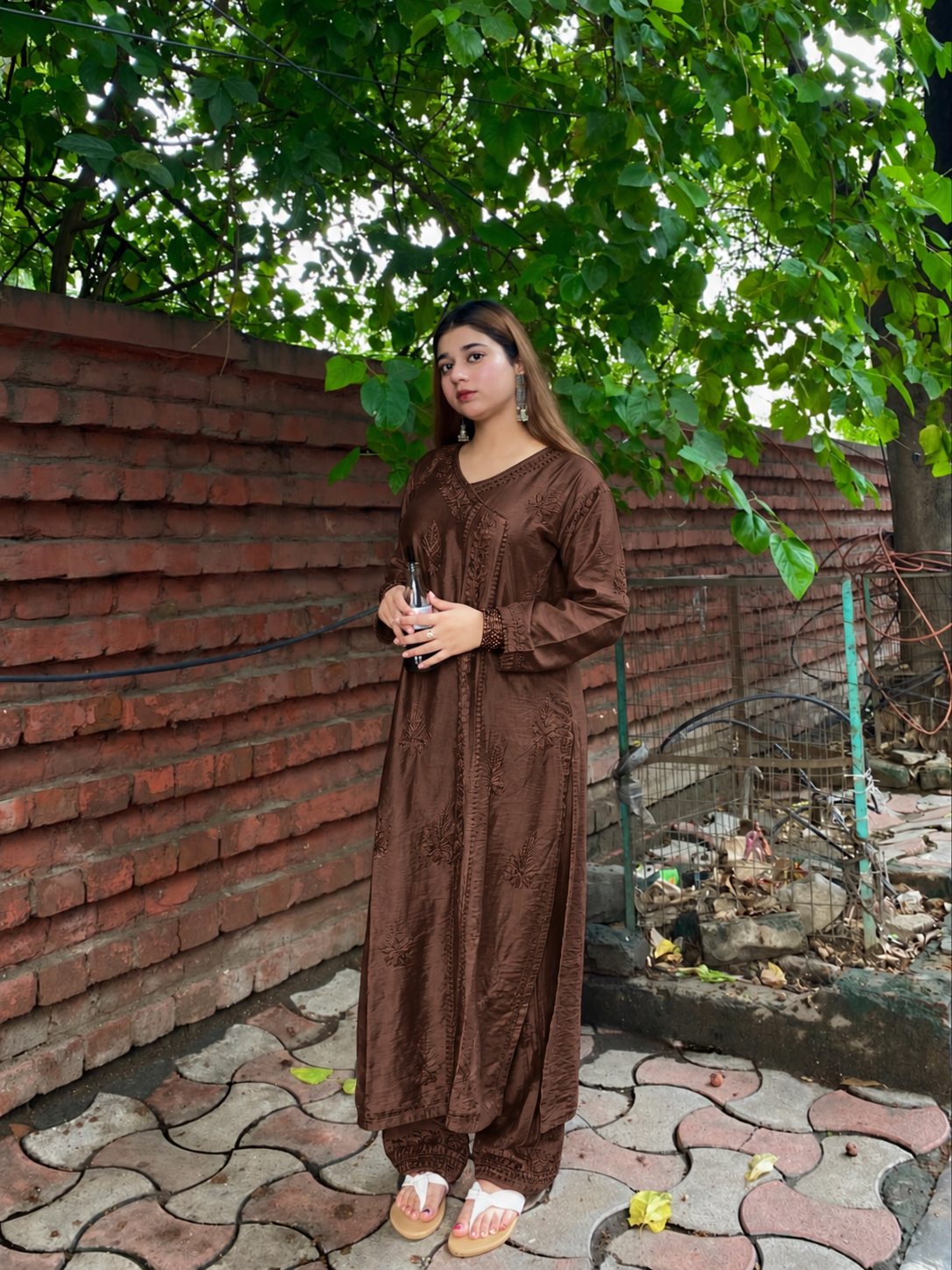 Premium Cocoa Brown Chanderi Silk Lucknow Chikankari Kurti & Lace Pant Set (NEW)