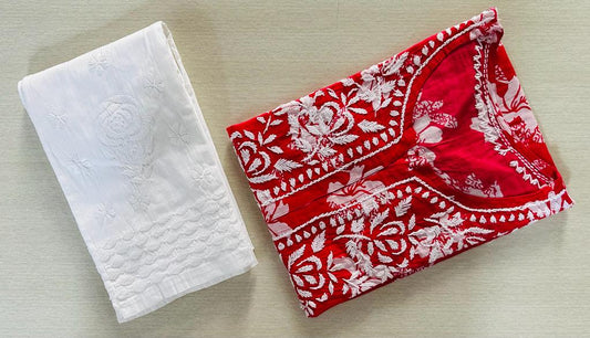 Red and White Elegant Chikankari MulMul Print Set Top and Pant