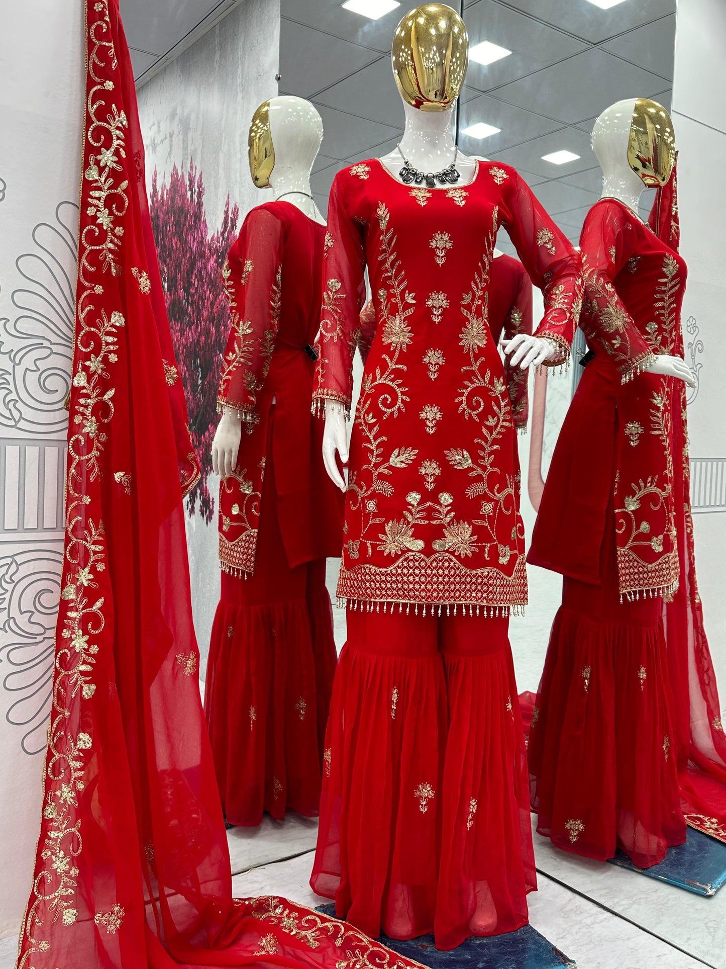 Red Pakistani Style Georgette Sharara Suit with Dupatta