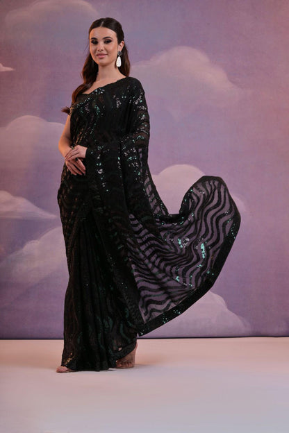 Green Black Sequins Saree in Dual Shades