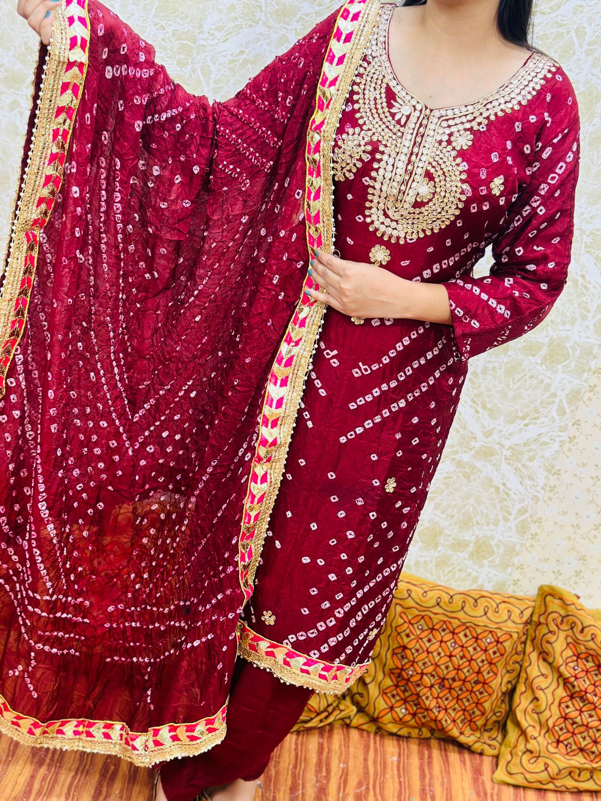 Maroon Silk Bandhani Salwar Kameez with Dupatta