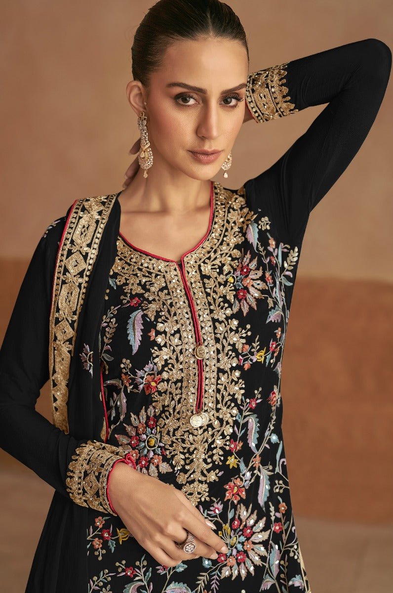 Black Heavy Embroidered Mirror Work Salwar Kameez Palazzo with Dupatta (Limited Stock)