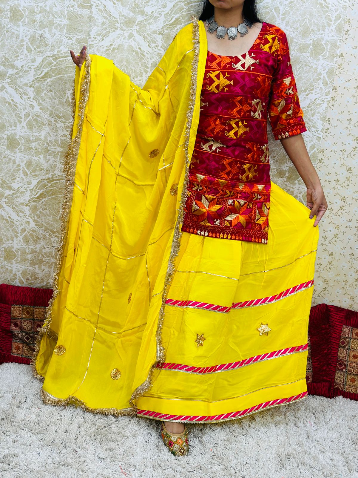 Yellow Authentic Phulkari Party Wear Lehenga Set