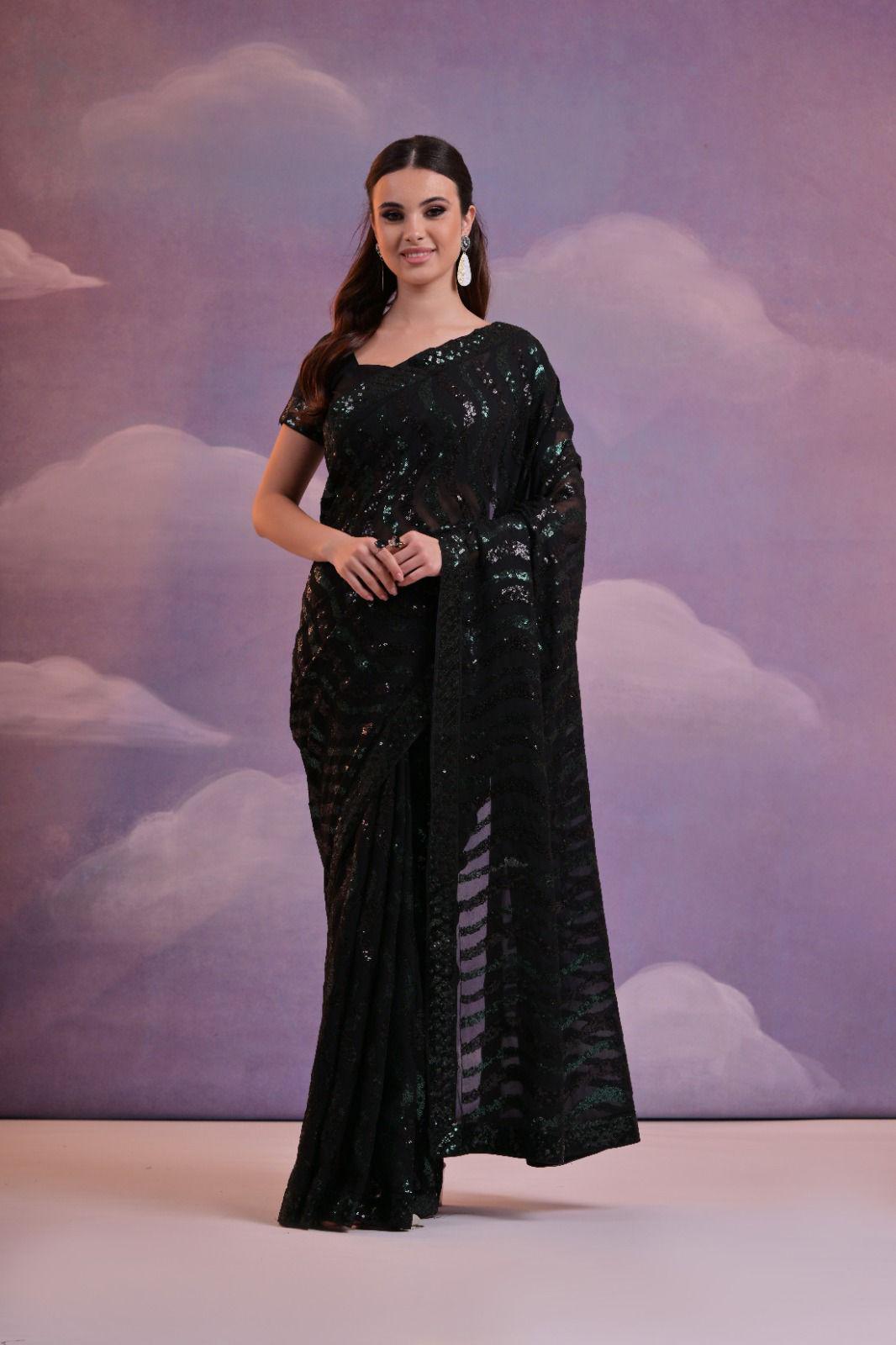 Green Black Sequins Saree in Dual Shades