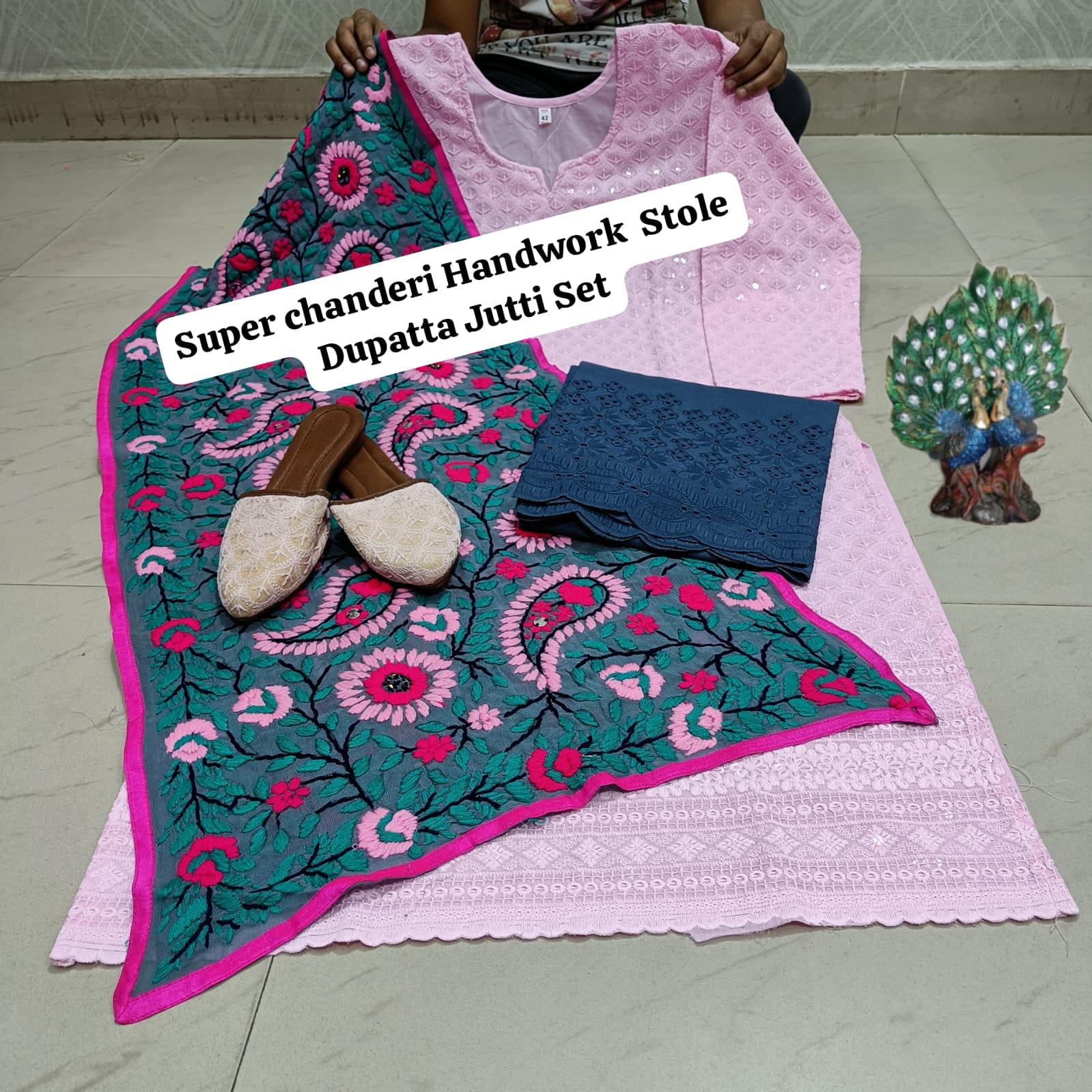 Pink Pure Cambric Cotton Kurti with Beautiful Handwork Stole Dupatta Jutti Set - Inayakhan Shop 
