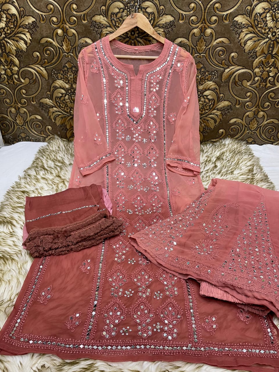 Dusty Pink Chikankari Elegance Ombré Mirror Booti Jaal Set - Kurti, Sharara & Dupatta -(Inner Included)