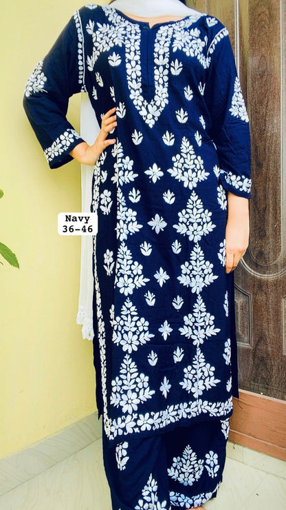 Navy Blue Summer Special Premium Modal Lucknow Chikankari Handwork Kurta Palazzo Set