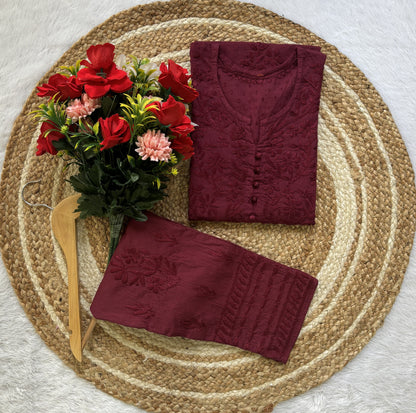 Maroon Lucknowi Chikankari Heavy Work Kurti & Handcrafted Lycra Cotton Pant Set ❤️