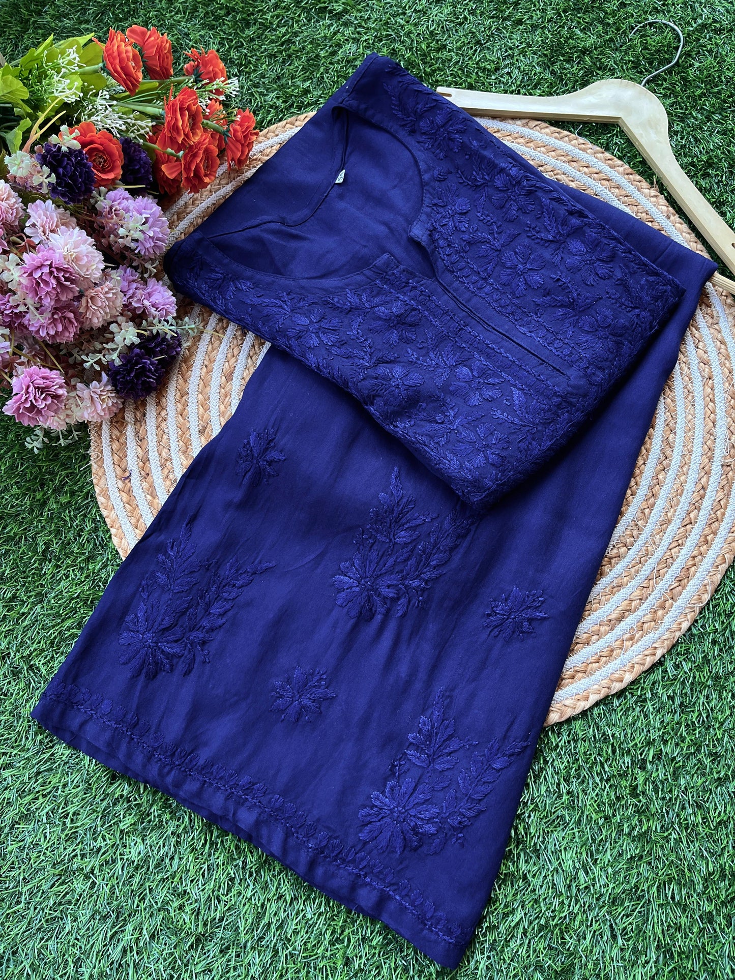 Navy Blue PLUS SIZE PREMIUM Lucknow Chikankari Handcrafted Rayon Kurti & Palazzo Set