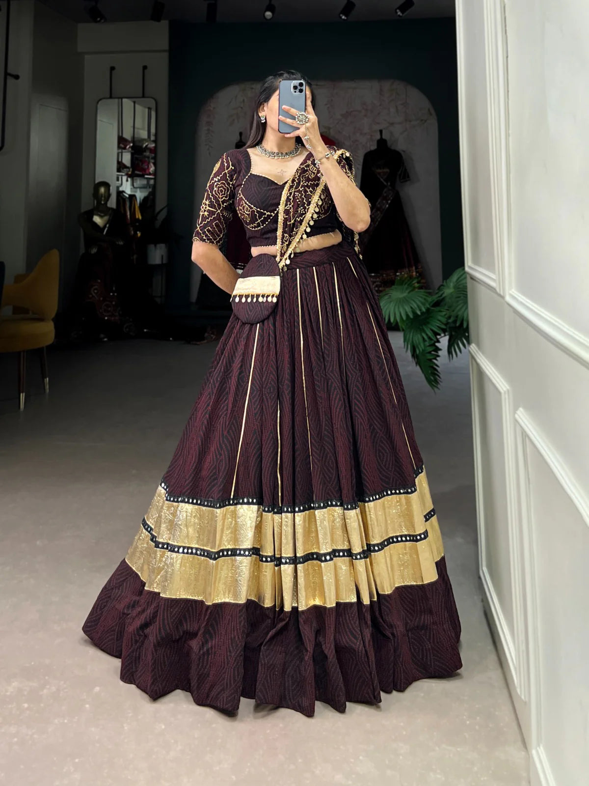 Coffee Brown Georgette Garba Choli with Bandhej Print and 8-Meter Flair