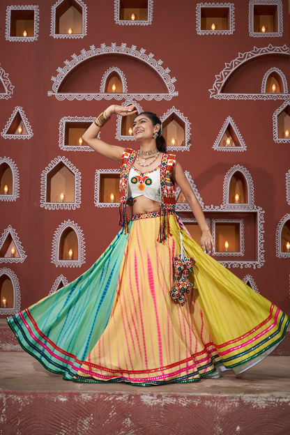 White Pastel Colors Garba Chaniya Choli with Gamthi Work Shrug and Wide Flair for Dandiya