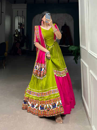 Green Pure Cotton Navratri Chaniya Choli with Gamthi and Gota Patti Work